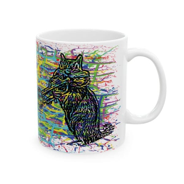 Cracked Chipmunk Coffee Mug showcases a white ceramic surface adorned with a colorful, abstract depiction of a cat playing a trumpet on a vibrant, splattered background.