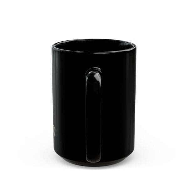 Angry Cat Coffee Mug (available in 11oz and 15oz sizes) with a smooth black ceramic surface and a handle, positioned upright on a white background.