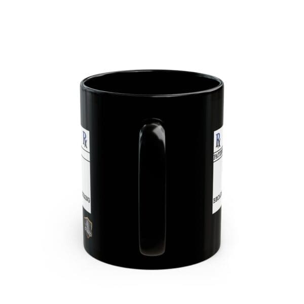 Introducing the "Laughter Is The Best Medicine" Coffee Mug, a sleek black ceramic mug with a handle, adorned with white labels and an emblem near the base.