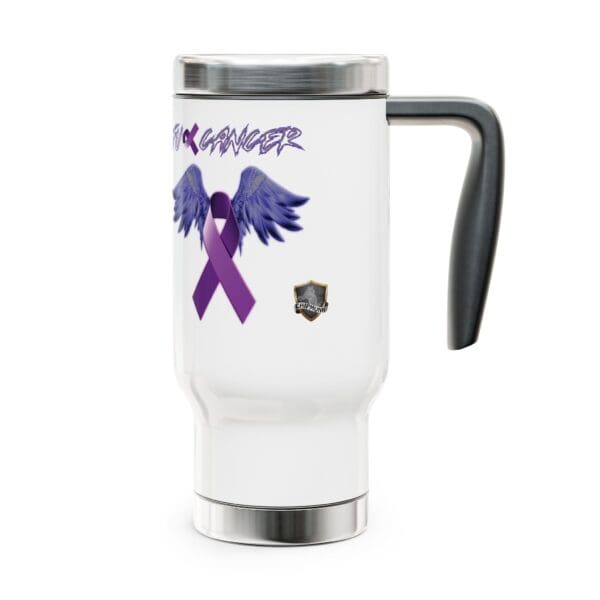 The F*ck Cancer Stainless Steel Travel Mug with Handle, 14oz, is white and features a purple cancer awareness ribbon with wings and bold text reading "F*** CANCER." The mug includes a black handle and has a small shield graphic on the lower right.