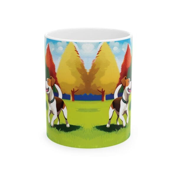 The Playful Dog Coffee Mug 11oz features a colorful illustration of a dog standing on grass in front of trees with red and yellow leaves, set against a blue sky.