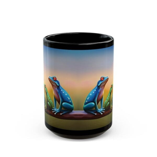 The Colorful Frogs Coffee Mug, available in 11oz and 15oz sizes, showcases a black mug adorned with an illustration of two blue frogs with red eyes sitting on a tree branch against a gradient background, facing opposite directions.