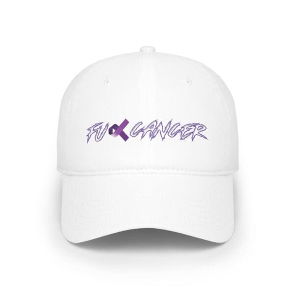 White F*ck Cancer Low Profile Baseball Hat featuring a purple ribbon replacing the "u" in "F*ck".