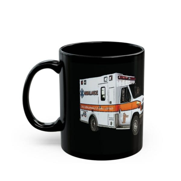 The Ambulance Coffee Mug, a black coffee mug with an illustration of an ambulance on its side.