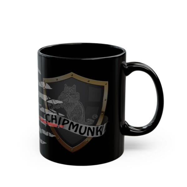 A Nurse Support Coffee Mug in black color featuring a design with a shield, an illustration of a chipmunk, and the word "CHIPMUNK" on a ribbon.