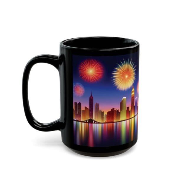 City Skyline Fireworks Coffee Mug (available in 11oz and 15oz) featuring a colorful cityscape with fireworks. The mug's design showcases tall buildings, a bridge, and their reflections in the water under a night sky illuminated by fireworks.