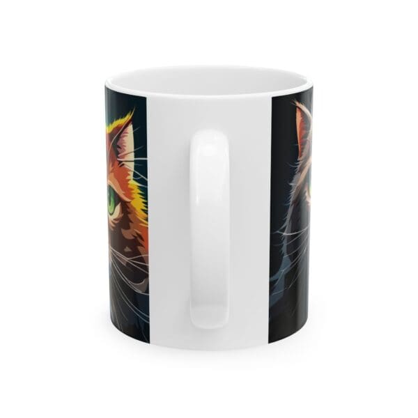 An 11oz Angry Cats Coffee Mug made of white ceramic, showcasing a vibrant artistic design with close-up images of cat faces.