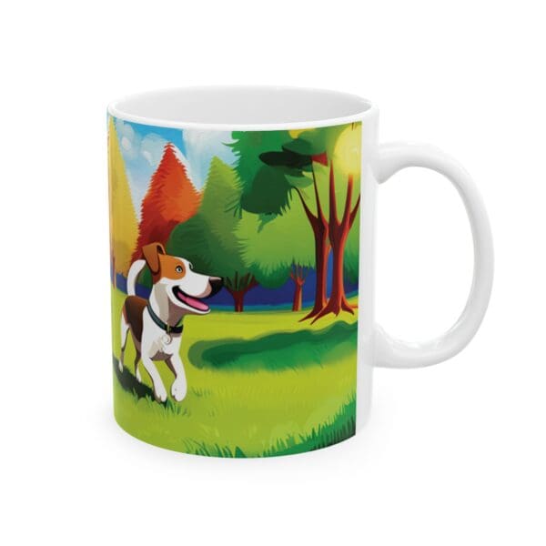 The Playful Dog Coffee Mug 11oz showcases a cheerful illustration of a happy dog strolling through a colorful, vibrant park filled with trees and a sunny sky.