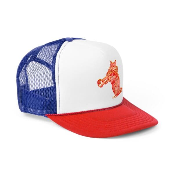 A Chipmunk Trucker Hat with a white and red front, blue mesh back, and an orange embroidered wolf blowing a trumpet on the front panel.