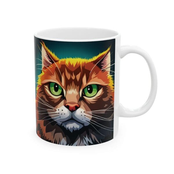 Angry Cats Coffee Mug 11oz in white ceramic, showcasing a vibrant and detailed illustration of a cat with green eyes and a serious expression.