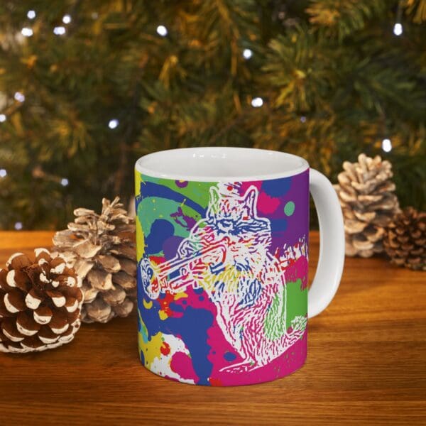 The Splash Chipmunk Coffee Mug, a white ceramic mug adorned with a colorful, abstract design of a chipmunk playing a trumpet against a backdrop of vibrant splashes of color, is elegantly displayed on a wooden surface, framed by pine cones and a pine tree in the background.