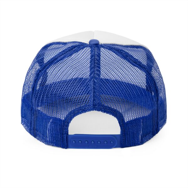 Back view of the "Put Your Lips To Good Use" blue and white mesh trucker hat with an adjustable snap closure.