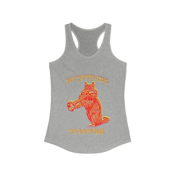 Grey tank top featuring a stylized red and yellow illustration of a wolf holding a torch, with the text "PUT YOUR LIPS TO GOOD USE.