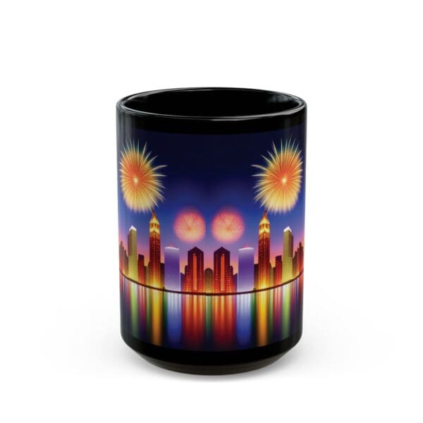 The City Skyline Fireworks Coffee Mug (available in 11oz and 15oz sizes) is a black ceramic mug that showcases a colorful city skyline with fireworks lighting up the night sky.