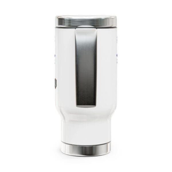 F*ck Cancer Stainless Steel Travel Mug with Handle, 14oz, featuring silver accents and a large black handle, viewed from the side.