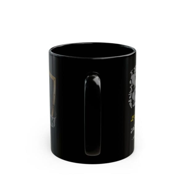 The Dispatcher Support Coffee Mug is a black ceramic mug with a shiny finish. Its handle is centered, and the mug features some partially visible text and graphics against a plain white background.