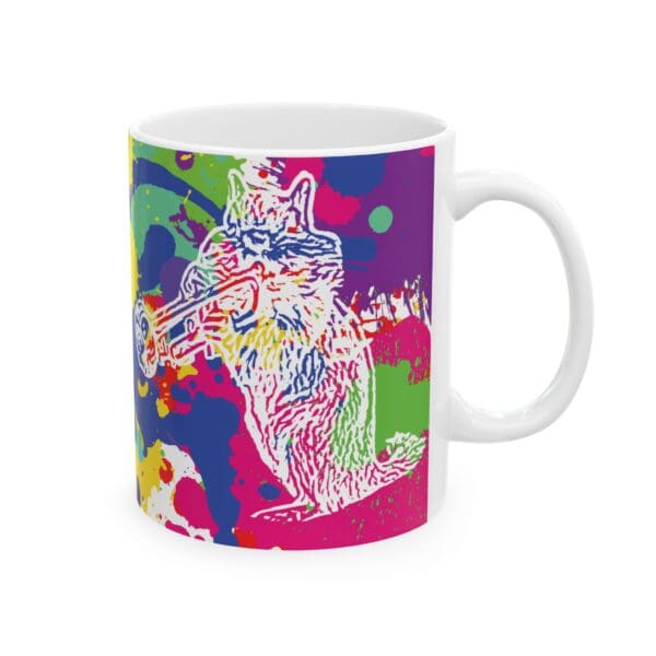 The Splash Chipmunk Coffee Mug is a white mug adorned with a vibrant abstract design featuring a cat playing a trumpet.