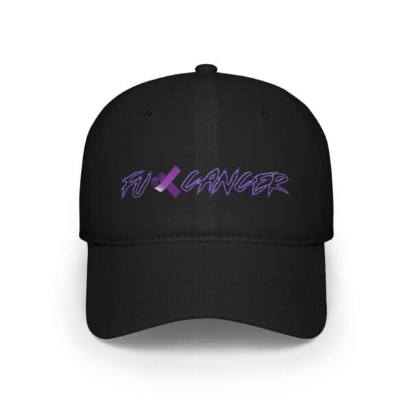 The F*ck Cancer Low Profile Baseball Hat is a black cap designed with the phrase "F**K Cancer" in bold, stylized purple letters and adorned with a purple awareness ribbon.