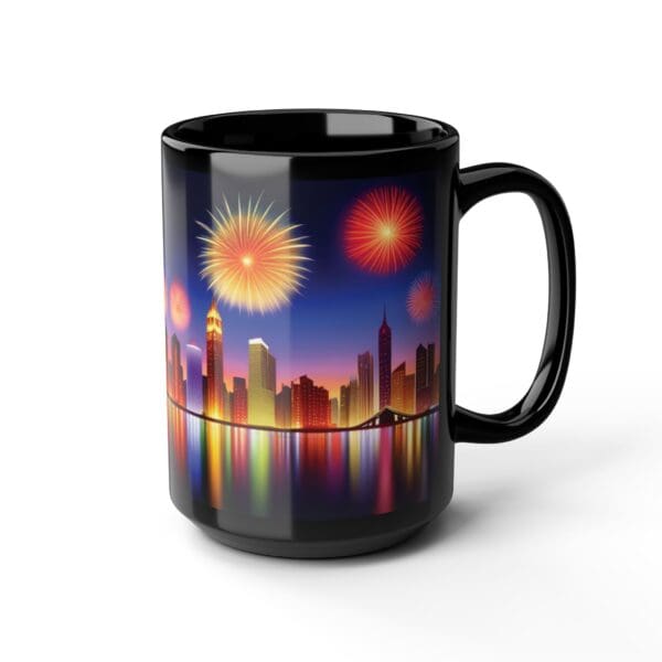 An 11oz or 15oz City Skyline Fireworks Coffee Mug featuring a colorful cityscape and fireworks design.