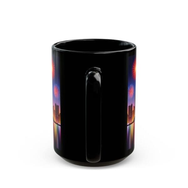 A City Skyline Fireworks Coffee Mug, available in 11oz and 15oz sizes, featuring a black design with a colorful city skyline and fireworks.