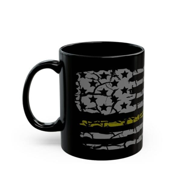 Dispatcher Support Coffee Mug featuring a distressed American flag design with a subdued color palette and one yellow stripe in the middle.