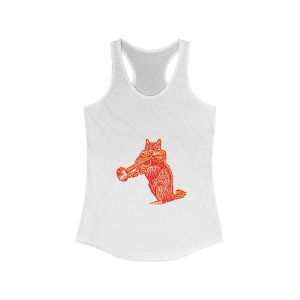 White Chipmunk Tanktop featuring a red and orange graphic of a fox holding a small object in its mouth.