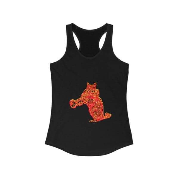 The Chipmunk Tanktop is a black racerback tank top featuring a red and orange illustration of a squirrel playing a trumpet.