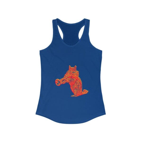 Blue racerback tank top with a red and orange abstract design of a chipmunk holding a trumpet on the front, known as the Chipmunk Tanktop.