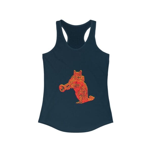 A dark tank top named Chipmunk Tanktop, showcasing a red, intricately designed chipmunk playing a horn.