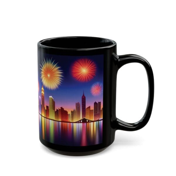 The City Skyline Fireworks Coffee Mug, available in 11oz and 15oz sizes, showcases a black exterior adorned with a vibrant illustration of a city skyline illuminated by fireworks in the night sky, complete with reflections in the water.