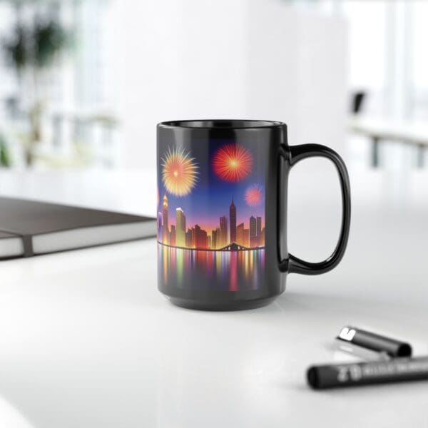 The City Skyline Fireworks Coffee Mug, available in 11oz and 15oz sizes, showcases a vibrant city skyline and fireworks design. It is pictured on a white desk beside two markers and a closed notebook.