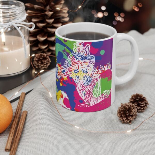 A Splash Chipmunk Coffee Mug featuring a colorful, abstract illustration of a cat playing a trumpet rests on a table beside a candle, pinecones, cinnamon sticks, and an orange.