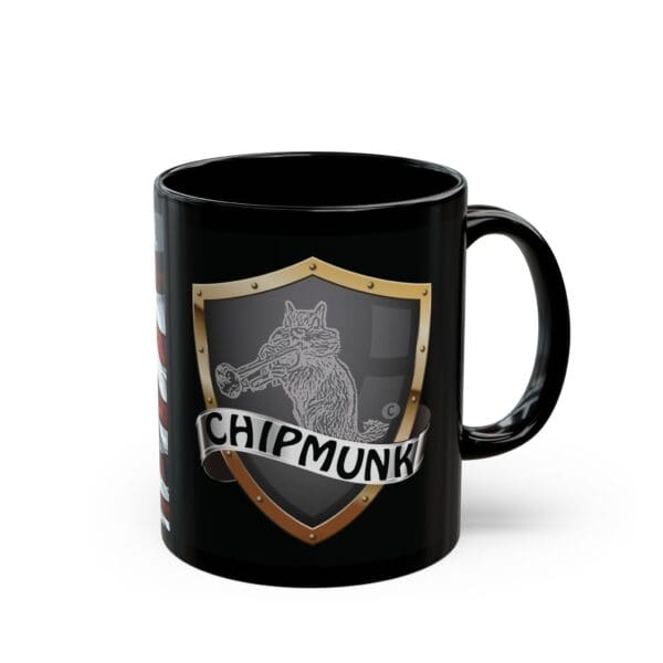 The American Trucker Coffee Cup is a black mug featuring a shield emblem with an illustration of a trumpet-playing squirrel and the text "Chipmunki.