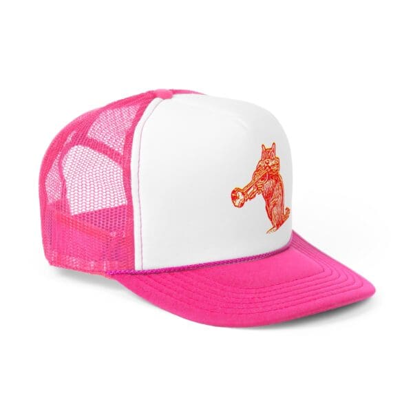 A Chipmunk Trucker Hat in pink and white featuring a design of a red fox playing a trumpet on the front panel.