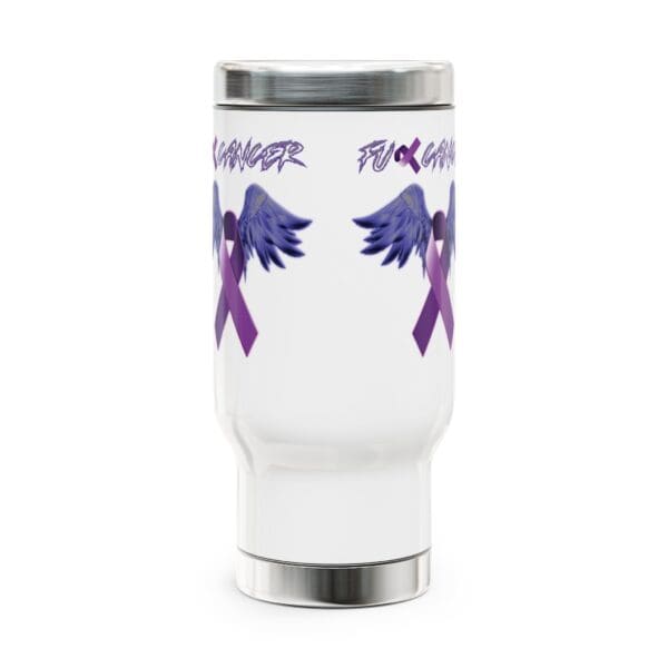 A "F*ck Cancer" stainless steel travel mug with handle, 14oz, featuring a design of a white tumbler adorned with a purple ribbon and angel wings.