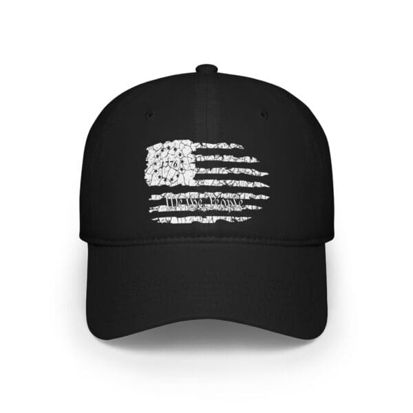 The American Pride Low Profile Baseball Hat is a black baseball cap featuring a white graphic of an American flag with "1776" on it and a distressed texture.