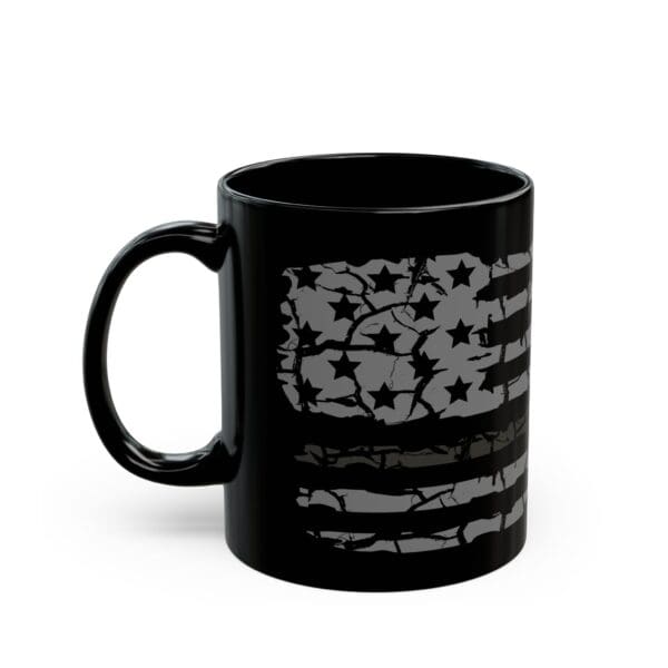 A black Correctional Officer Support Coffee Mug featuring a distressed American flag design in gray on its surface.