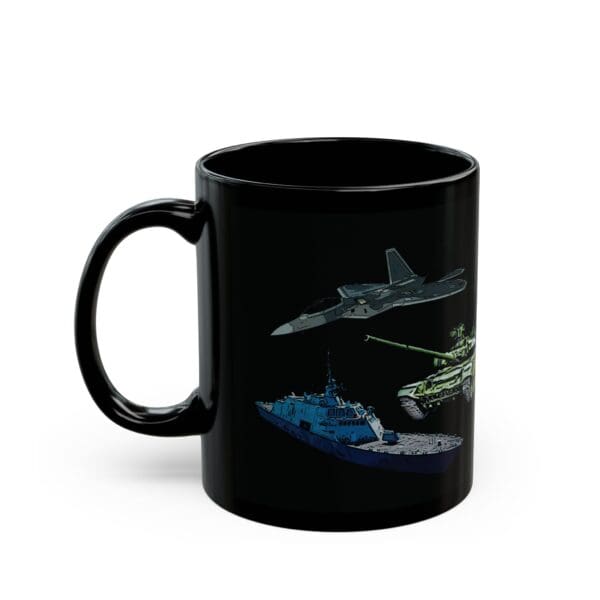 The Land, Sea, and Air Coffee Mug is a black coffee mug adorned with illustrations of a fighter jet, a naval ship, and a tank.