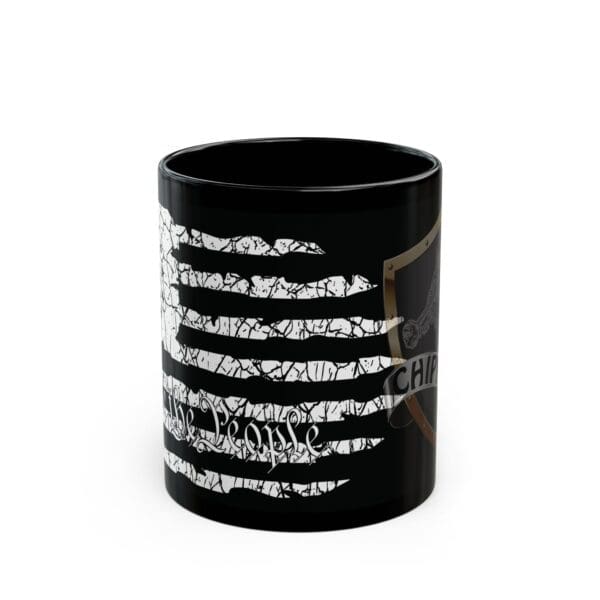 American Pride Coffee Mug showcasing a distressed black and white American flag design with the phrase "We the People" and part of an arm patch emblem on the right side.