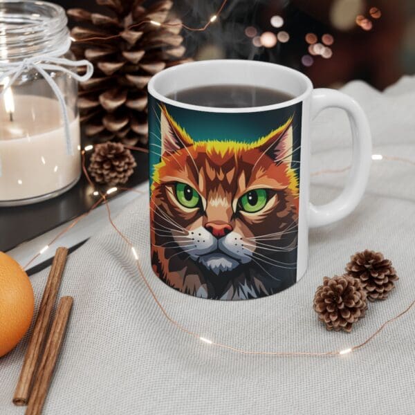 An Angry Cats Coffee Mug 11oz, adorned with an illustration of a cat, is placed on a fabric surface. Pinecones, a candle, orange slices, and cinnamon sticks surround the mug while twinkling lights glow in the background.