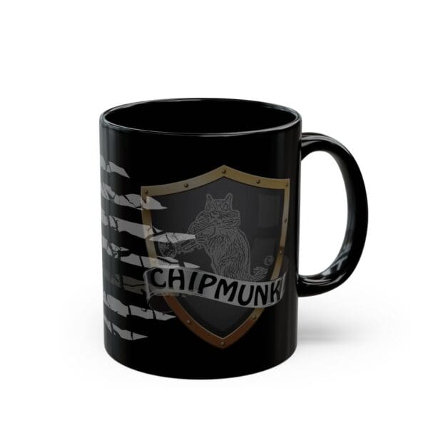 A black ceramic Correctional Officer Support Coffee Mug featuring a shield emblem with a chipmunk illustration, sword graphics, and the word "Chipmunk" written across the shield.