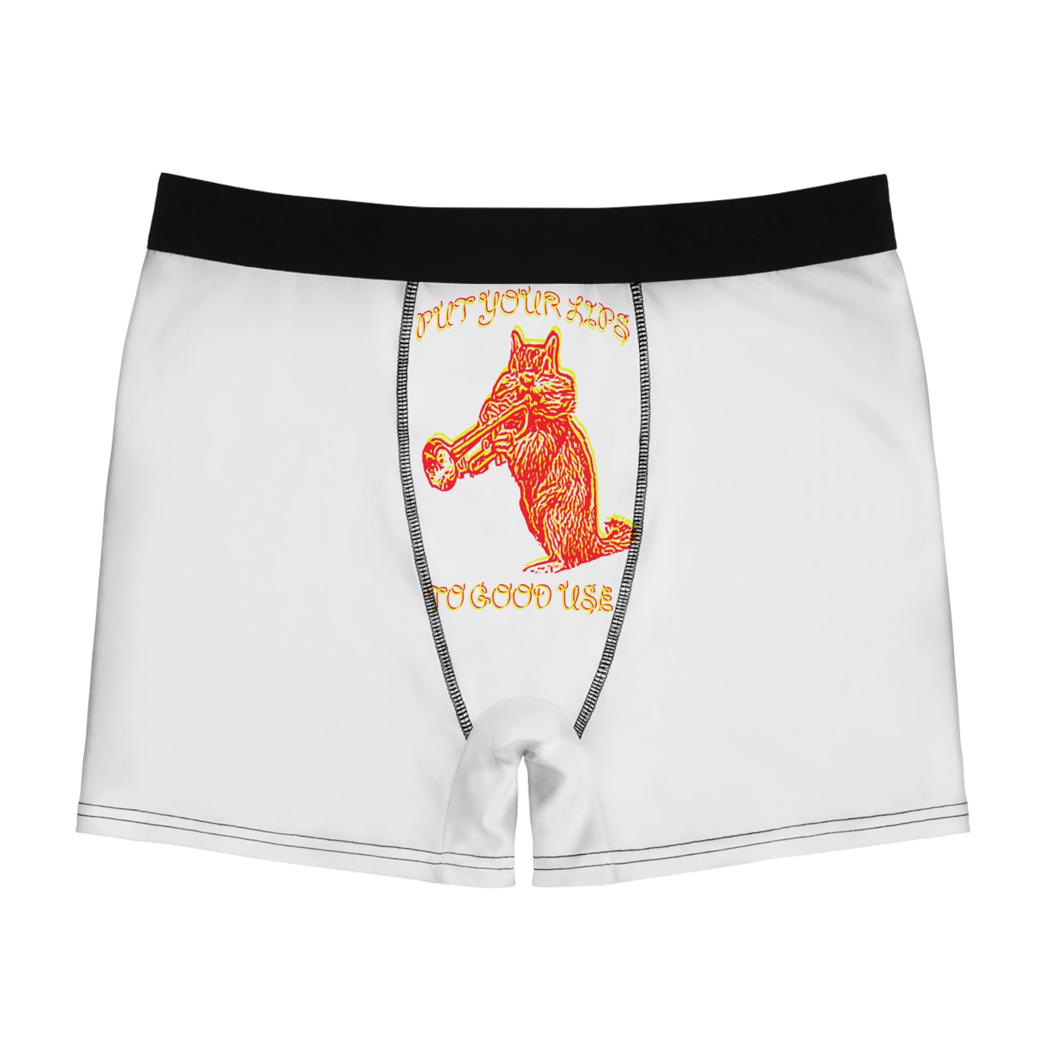 White Them Lips To Good Use Men's Boxer Briefs featuring an illustration of a dog blowing a trumpet with the text "Put your lips to good use." Black waistband, white stitching.