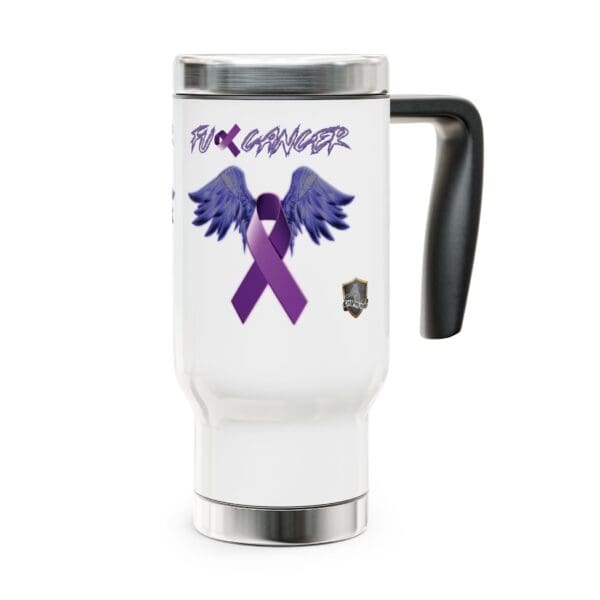 Introducing the F*ck Cancer Stainless Steel Travel Mug with Handle, 14oz—a white travel mug designed with a black handle and adorned with a bold purple ribbon featuring wings and the impactful message "F★CK CANCER.