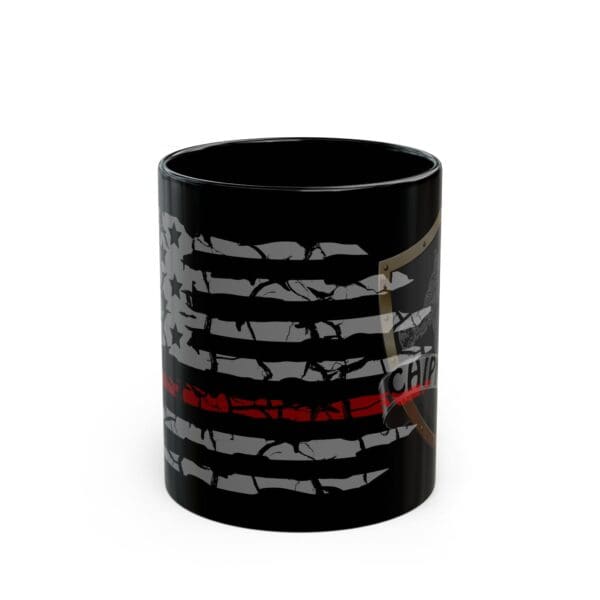 Firefighter Support Coffee Mug with a distressed American flag design and a thin red line across the center. The right side features a shield emblem.