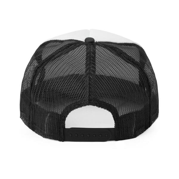 Revised Sentence: Rear view of the "Put Your Lips To Good Use" black mesh trucker hat with an adjustable snapback closure.