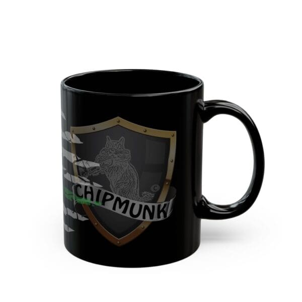 Military Support Coffee Mug, featuring a graphic of a chipmunk holding a beer mug, with an emblem and ribbon displaying the text "Chipmunk".