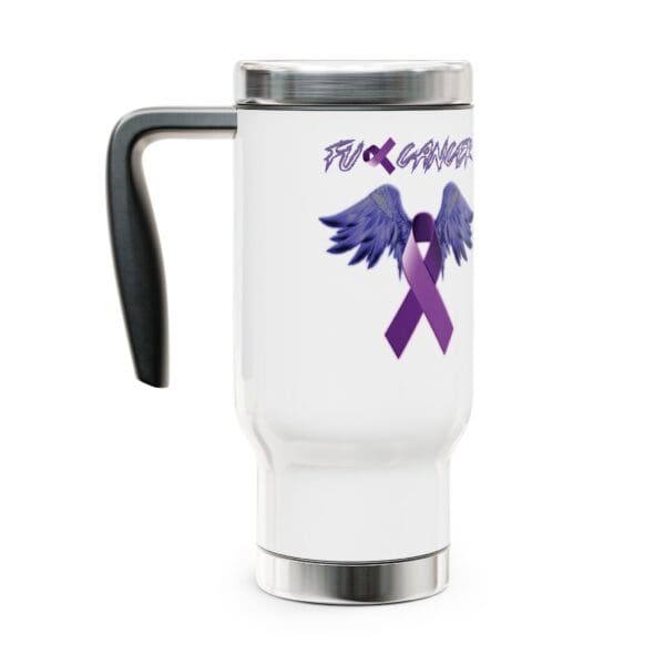 A F*ck Cancer Stainless Steel Travel Mug with Handle, 14oz, featuring a design of a purple ribbon with angel wings and the text "F Cancer.