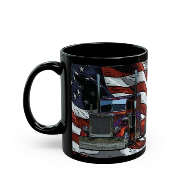 American Trucker Coffee Cup featuring a graphic of a semi-truck with an American flag in the background.