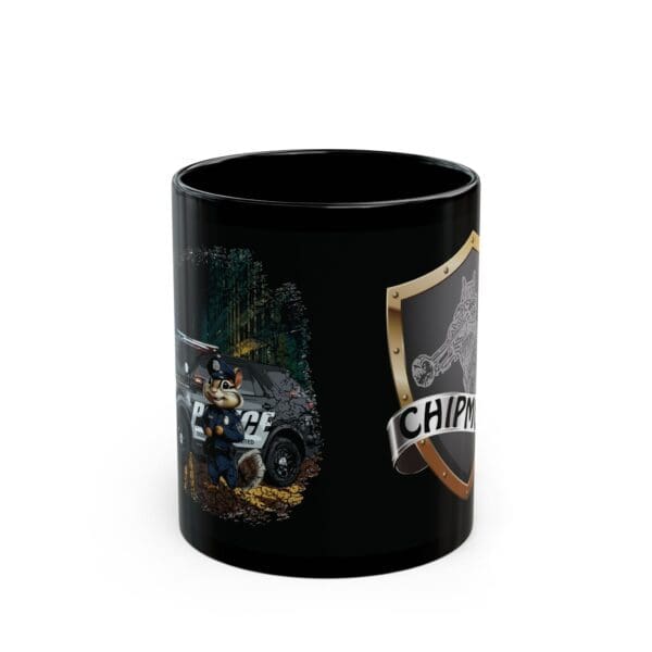 The Police Car Coffee Mug is a black mug that showcases a cartoon chipmunk police officer alongside a police car on one side, with a badge featuring the word "CHIPMUNK" on the opposite side.