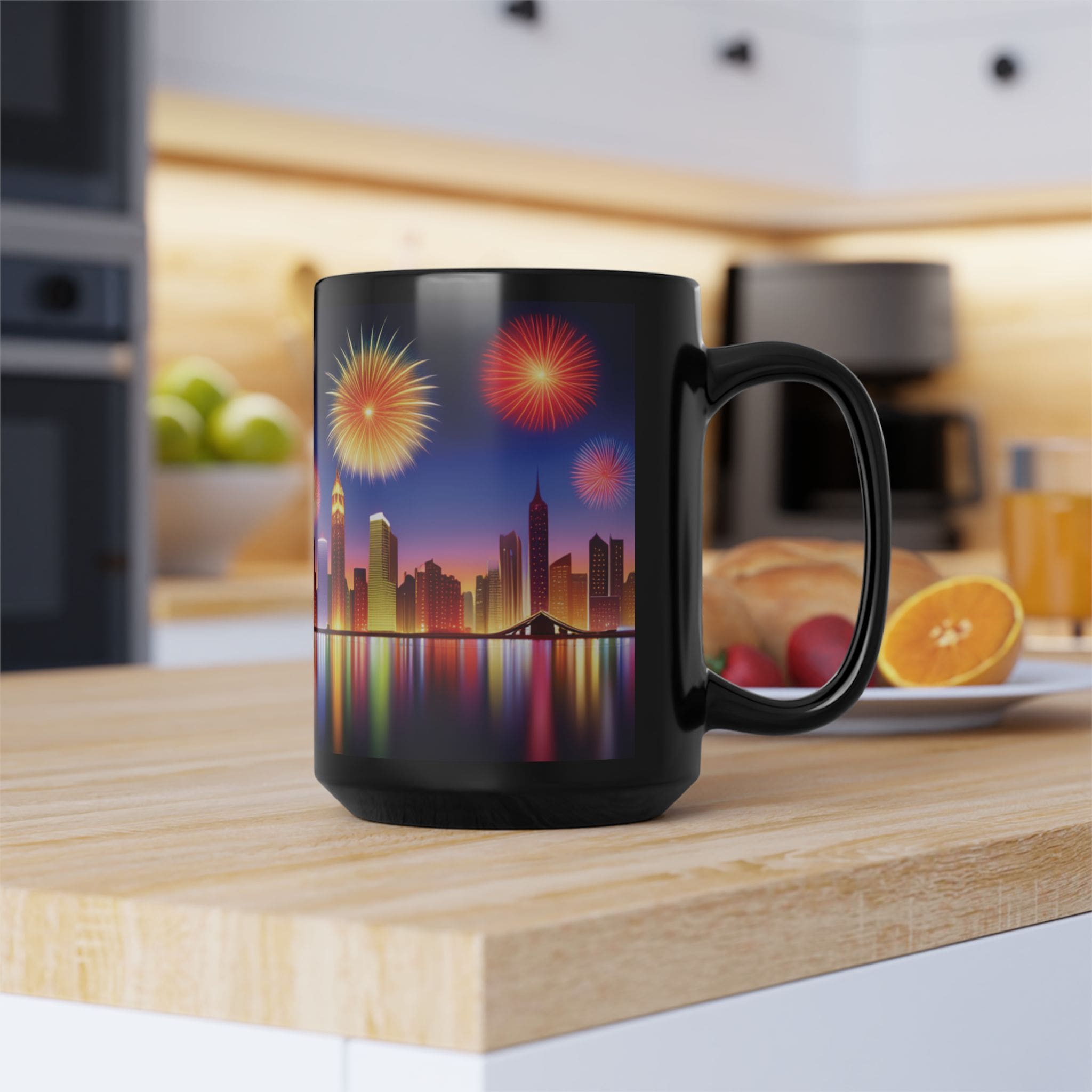 A City Skyline Fireworks Coffee Mug (11oz, 15oz) sits on a wooden kitchen counter. In the background, there are fruits and kitchen appliances.